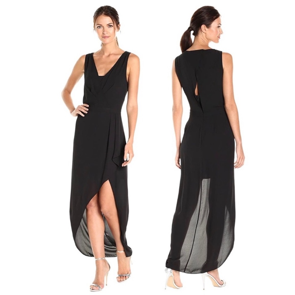 BCBGMaxAzria Tobyn Drape Side Mock Wrap High Low Slit Dress Black Formal Evening